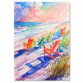 Rainbow Beach Chairs on Sandy Shore Watercolor Painting with Vibrant Ocean Waves and Colorful Summer Sky on Ready to Hang 1.5" Thick Canvas Wrap, Floating Framed Canvas, Flat Rolled Canvas